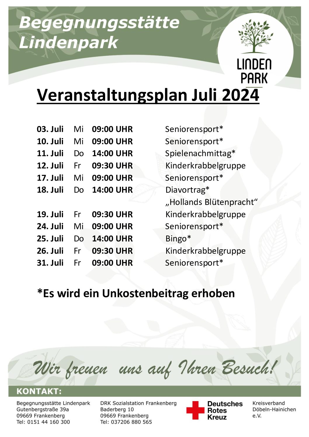 Veranstaltungsplan Juli 2024 der Begegnungsstätte Lindenpark