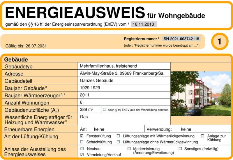 Energieausweis für Wohngebäude AWG Frankenberg/Sa.